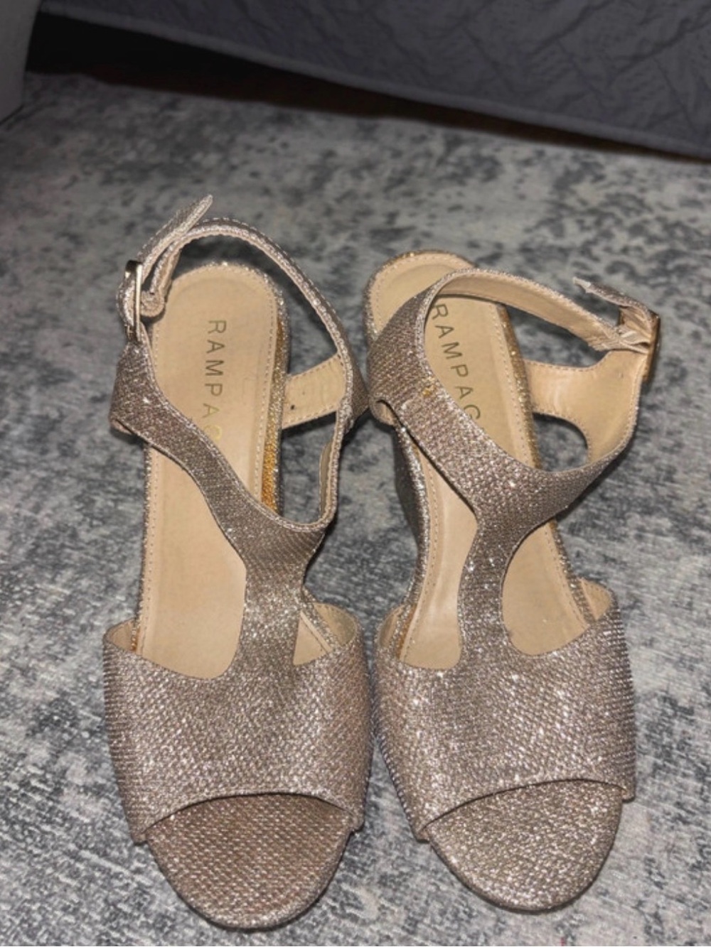 Rampage Sparkle T-Strap Heeled Sandals in Champagne Gold